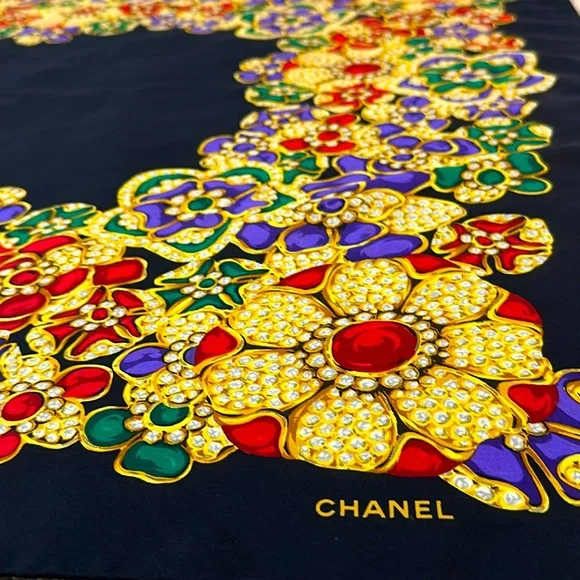 Chanel Black, Red, Purple, & Green Silk Vintage Jewel Flower Scarf! - Picture 1 of 6